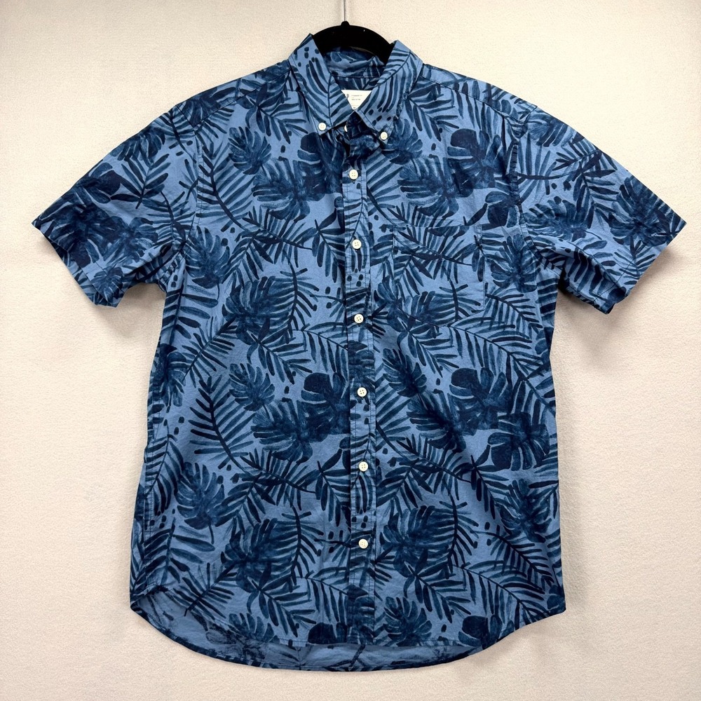 Gap Casual‎ Shirt Mens Medium Blue Leaf Pattern Standard Fit Hawaiian Tropical